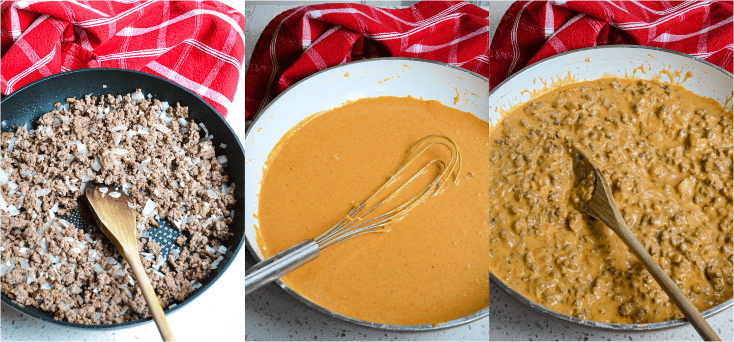 Some of the steps to making Doritos casserole. Brown the ground be3e3f over medium heat. When the ground beef is about halfway browned, add the onion. Cook until the meat is brown and the onion is soft.
Reduce the heat to low. Add the garlic and cook for 1 minute, stirring. Transfer the meat mixture to a plate or bowl. Melt the butter over medium-low heat, then whisk in the flour and cook for a couple of minutes. Whisk in the milk and chicken broth. Whisk in the taco seasoning and shredded cheddar. Add the cooked hamburger mixture.