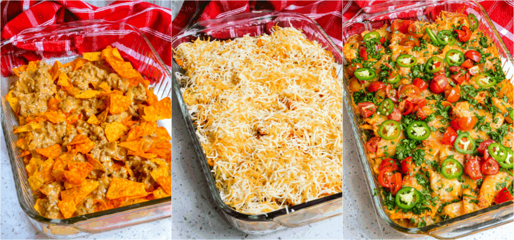 Some of steps to making Doritos casserole. Add crushed Doritos to the bottom of a casserole dish. Spoon half of the beef mixture over the chips and add another layer of crushed chips. Spoon the rest of the meat mixture over the chips. Top with one more layer of crushed chips. Then sprinkle with Monterey Jack Cheese. Bake and top with all your favorite toppings.