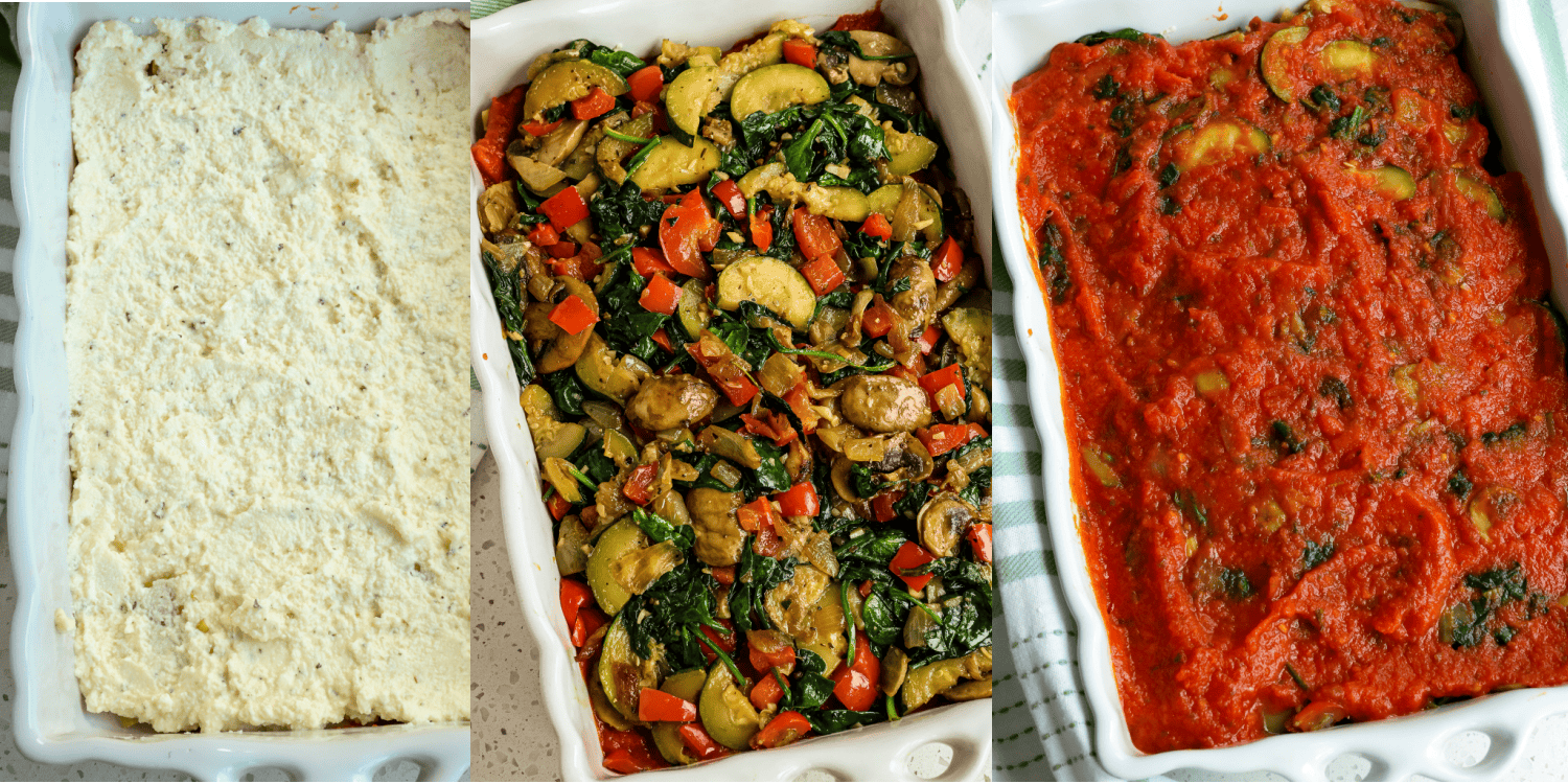 Layer the ricotta cheese mixture over the noodles. Lay another layer of lasagna noodles and spoon the cooked vegetables on top, followed by about 1½ cups marinara.