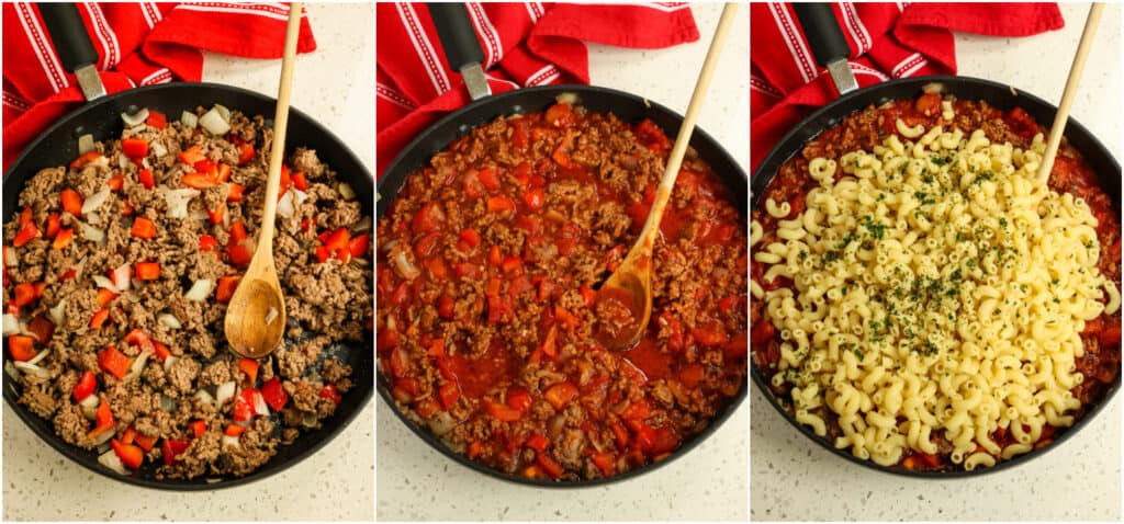 The steps to making hamburger casserole. Brown the ground beef and cook the vegetables, stir in the tomato sauce, fire-roasted diced tomatoes, and cooked macaroni. Simmer for a couple of minutes. 