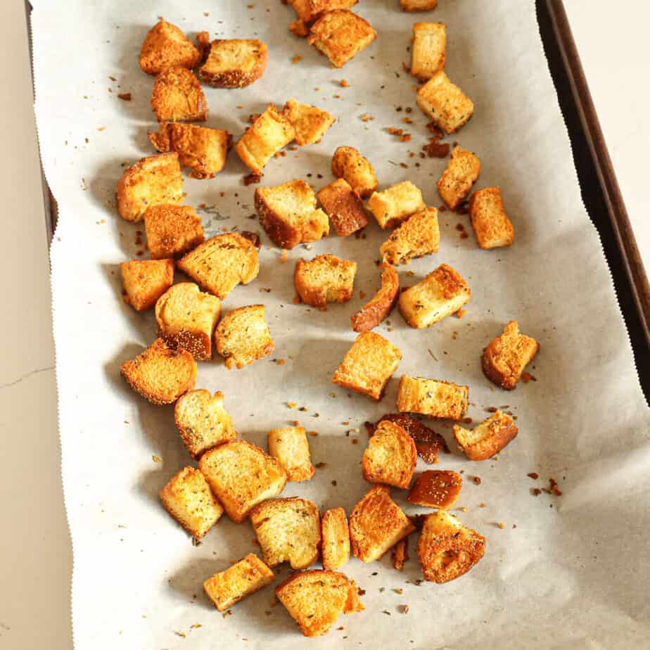 Homemade Croutons Homemade Croutons still on the baking sheet.