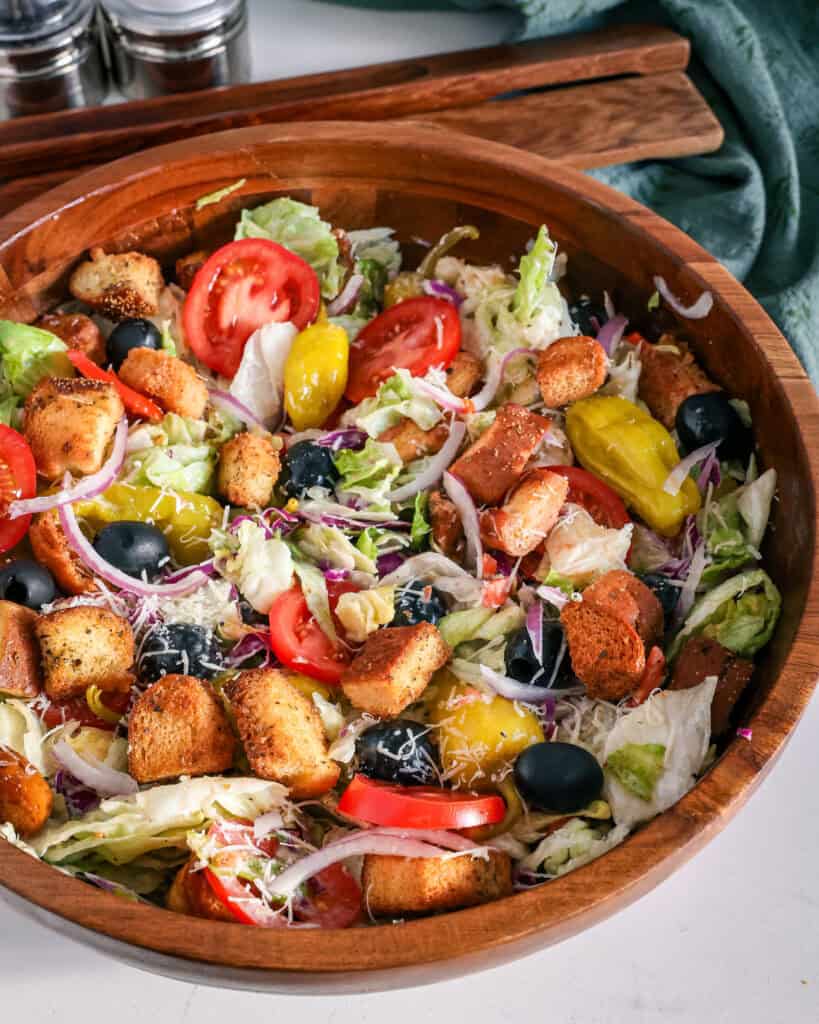 Homemade Croutons Homemade Croutons on top of copycat Olive Garden salad.