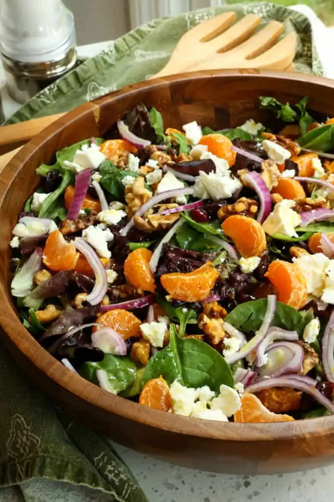 This easy Mandarin Orange Salad combines spring mix, mandarin oranges, toasted walnuts, dried cranberries, and feta cheese, all tossed with a tangy six-ingredient orange vinaigrette. 