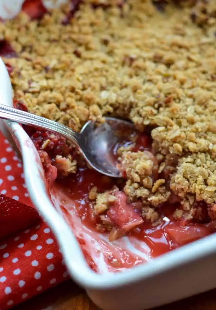  The sweetness of the strawberries, the taste of tart rhubarb, and the crunchy, crumbled topping make for a match made in heaven. 