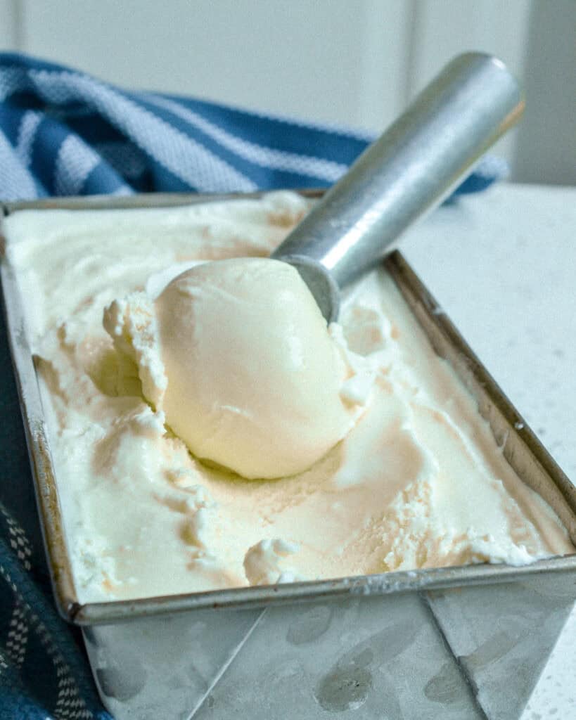 Vanilla Ice cream in a dish before serving.