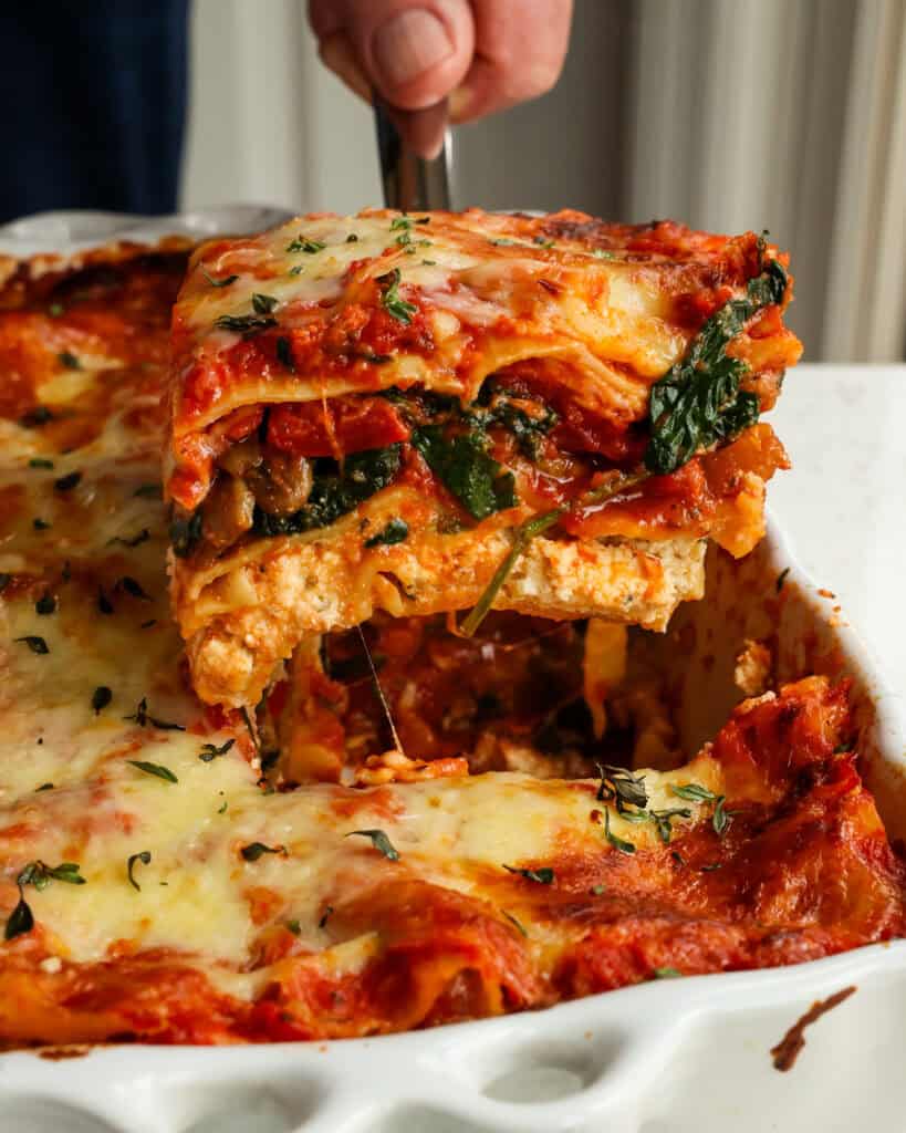 A close up view of a slice of Vegetable Lasagna.