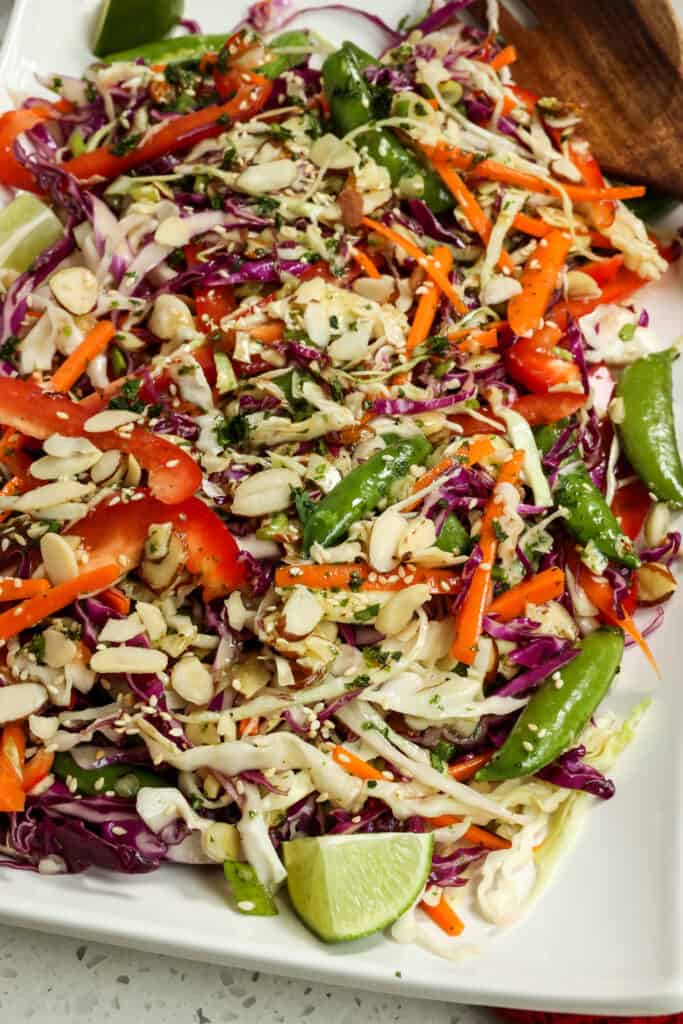 A crunchy Asian Chopped Salad with cabbage, red bell peppers, carrots, sugar snap peas, and sliced tossed in a quick and easy sesame ginger dressing. Great as a side salad with chicken, shrimp, or fish.
