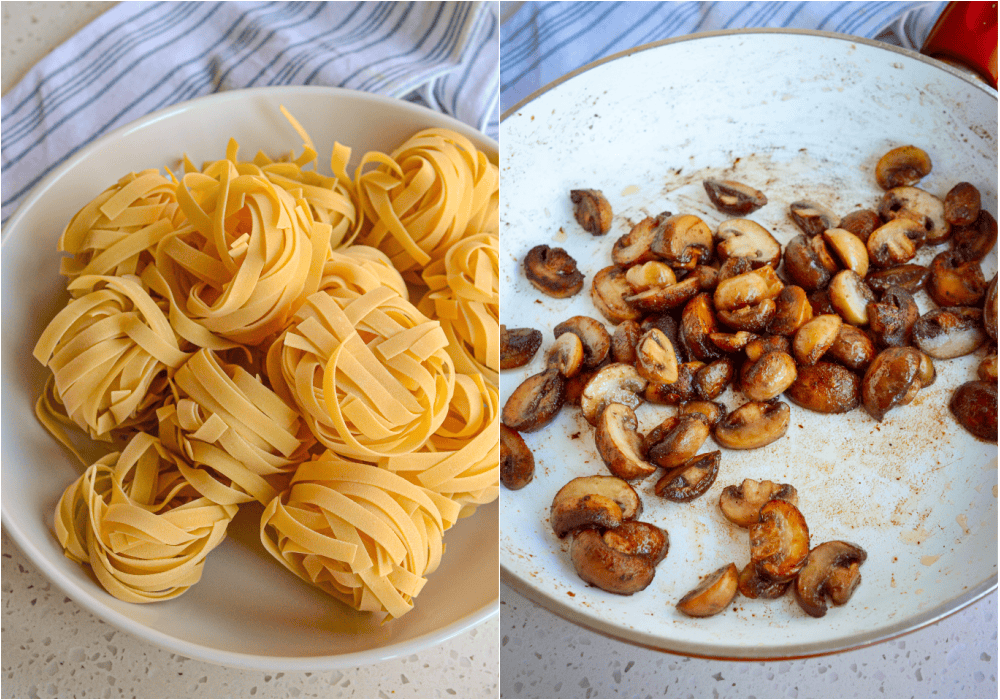 Some of the steps to making mushroom pasta. Cook the mushrooms in a little bit of olive oil and butter until golden brown. 