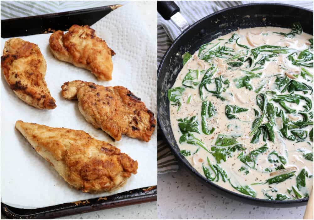 Some of the steps to making Chicken Florentine. Cook the chicken until golden brown and cooked through. Plate the chicken and put it in the oven on low to keep it warm. add a little more butter and cook the shallots for a couple of minutes. Turn the heat down to low and add the garlic. Cook for about one minute, stirring constantly. Add the white wine, chicken broth, Italian seasoning, and heavy cream. Bring the mixture to a simmer and reduce by at least half.