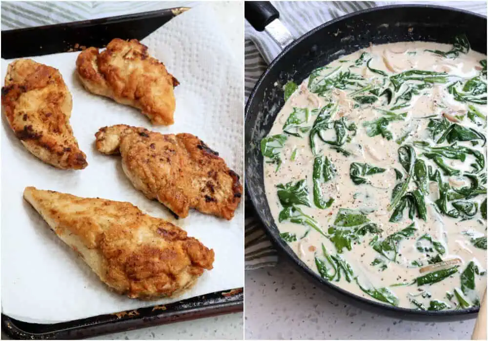Some of the steps to making Chicken Florentine. Cook the chicken until golden brown and cooked through. Plate the chicken and put it in the oven on low to keep it warm. add a little more butter and cook the shallots for a couple of minutes. Turn the heat down to low and add the garlic. Cook for about one minute, stirring constantly. Add the white wine, chicken broth, Italian seasoning, and heavy cream. Bring the mixture to a simmer and reduce by at least half. 