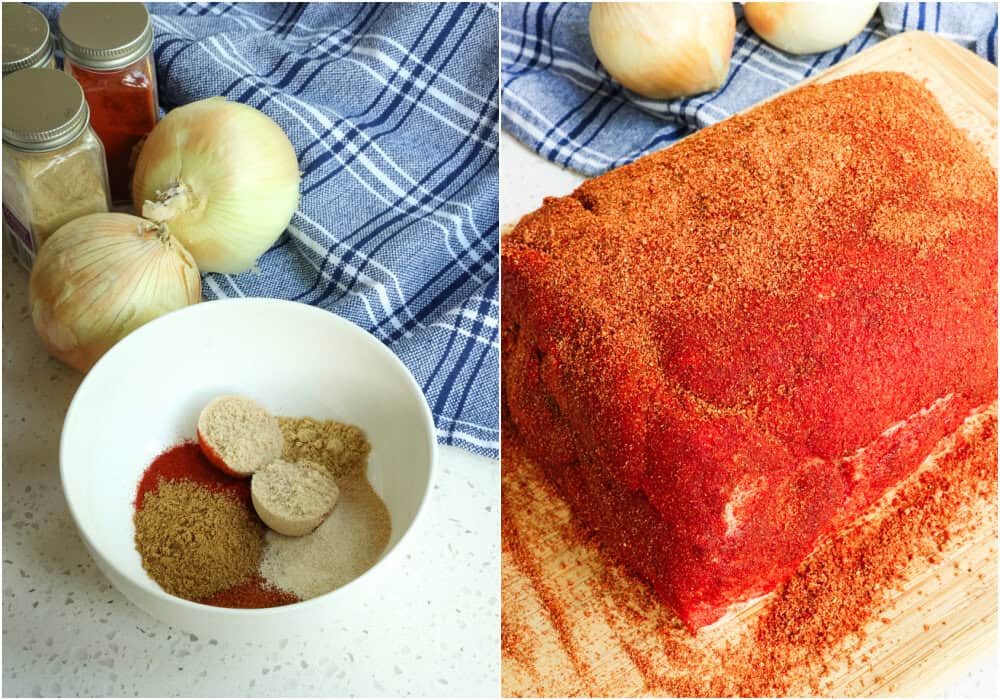 Some of the steps to making crock pot pulled pork. Mix the brown sugar, smoked paprika, chili powder, cumin, dry mustard, garlic powder, onion powder, kosher salt, and freshly ground black pepper in a small bowl. Then rub it all over the pork butt.