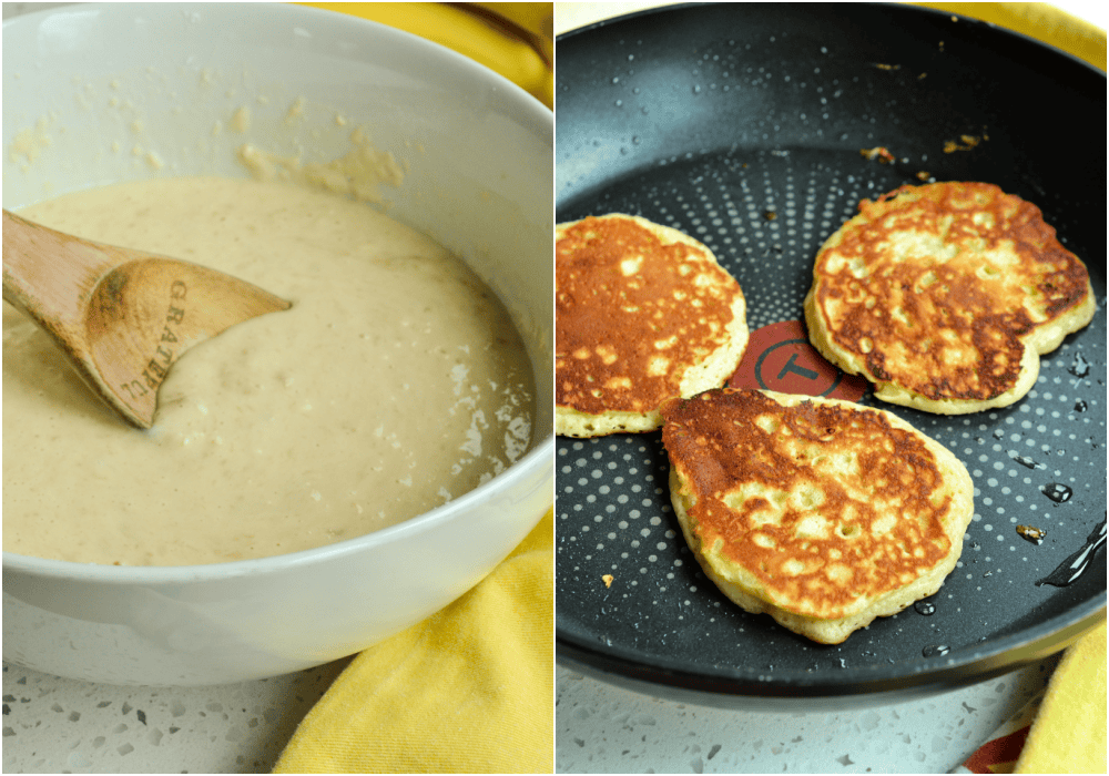 Some of the steps to making banana pancakes. add the dry ingredients to the banana mixture, stirring with a spoon, just until combined. Cook the pancakes on the first side until lots of little bubbles come to the surface, and the pancake is golden brown on the bottom. Flip and cook until the other side is golden brown.