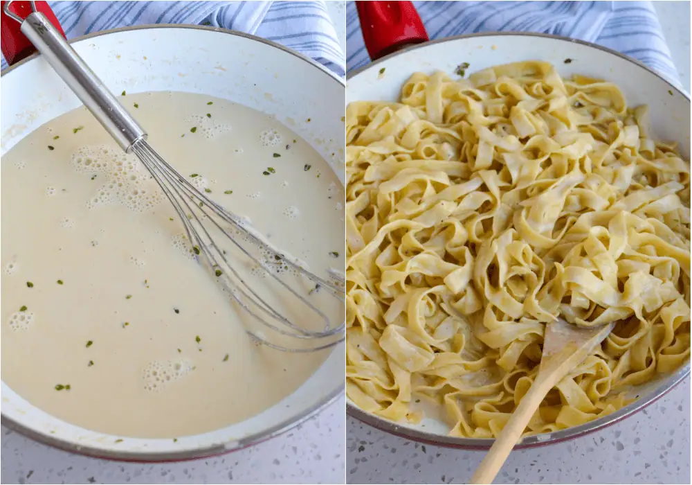Some of the steps to making mushroom pasta. Deglaze the pan with beef broth. Add the cream, fresh thyme, onion powder, salt, and pepper. Simmer for about 12 minutes to reduce.
