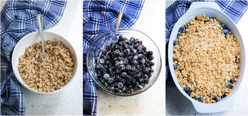 Some of the steps to making blueberry crisp. In a medium bowl, stir together the brown sugar, granulated sugar, flour, salt, and rolled oats. Add the melted butter and stir until well combined. Set the bowl aside while you prepare the blueberry filling.

Combine the blueberries, lemon juice, sugar, and cornstarch in a large bowl. Spoon the mixture into a greased 9x9-inch baking dish or a dish close to that size. Sprinkle the crisp topping over the blueberries.