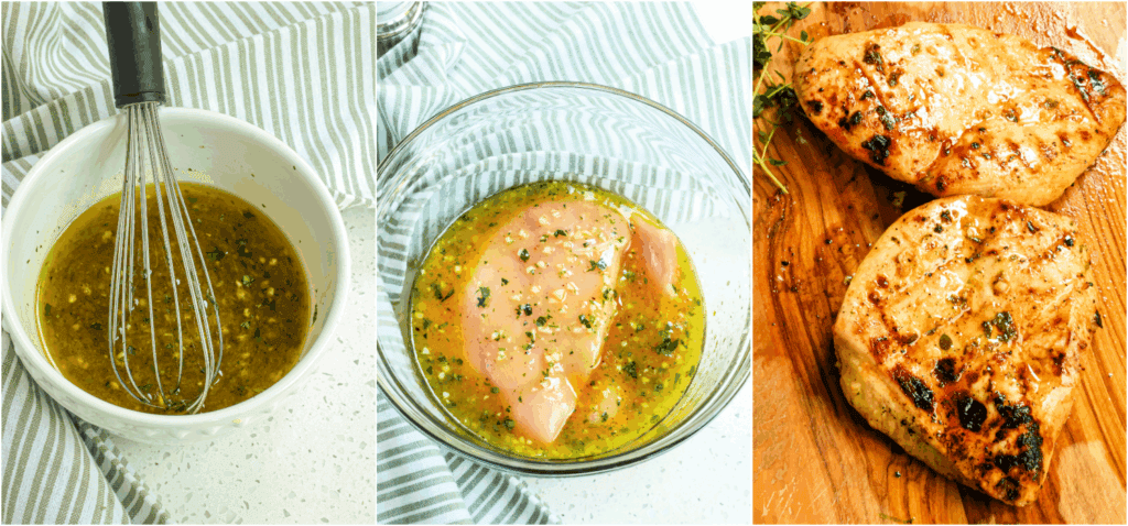 Some of the steps to making grilled chicken salad. Whisk the apple cider vinegar, Dijon mustard, honey, grated ginger, and olive oil in a small bowl. Then, season with salt, fresh ground black pepper, and fresh herbs to taste. Marinated the chicken from 30 minutes to 2 hours. Grill the chicken until cooked through.