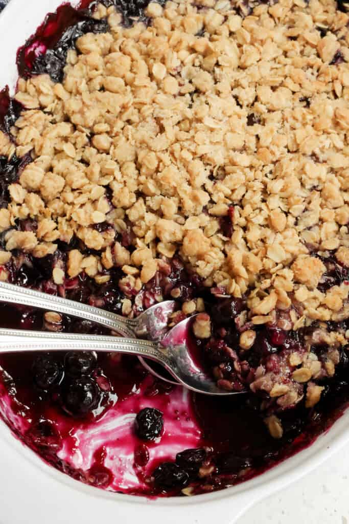 This  Blueberry Crisp comes together so easily and quickly with a crisp buttery topping over a tasty blueberry filling. Use fresh or frozen blueberries. 