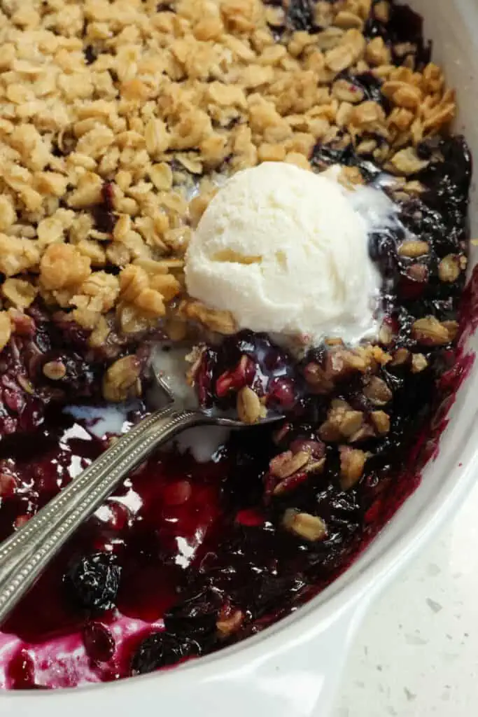 Top thiis blueberry crisp with a scoop of vanilla ice cream or fresh whipped cream for a super indulgent dessert. 