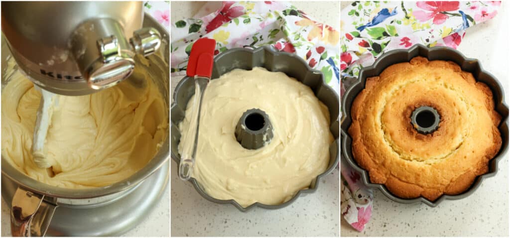 The steps for making cream cheese pound cake. Add the granulated sugar and beat on high speed for a few minutes or until light and fluffy. Reduce the speed to low and add the eggs one at a time, mixing until combined before you add the next one. Add the vanilla extract and mix until combined. Now add the dry ingredients you set aside in a couple of intervals, mixing on low speed just until combined. Scrape down the bowl and beaters as needed, but do not overmix the batter. Pour the batter into the prepared pan. Gently level the top with a rubber spatula. Bake for 75-90 minutes or until a toothpick inserted in the top comes out clean. 
