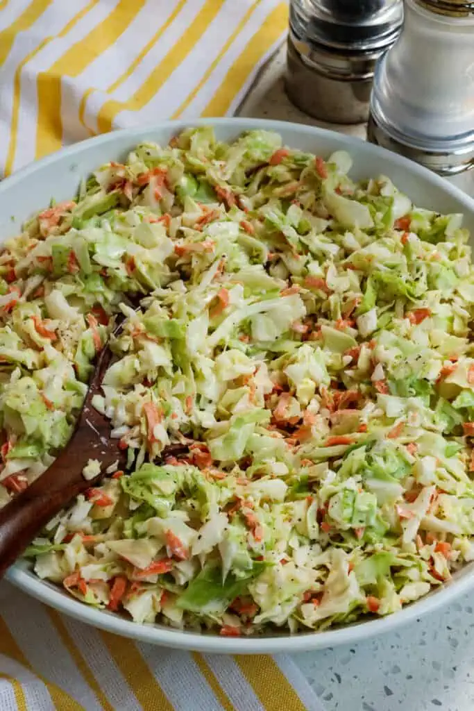 Drizzle the creamy cole slaw dressing over your favorite slaw recipe. 
