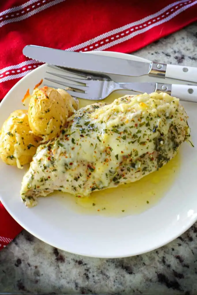 This baked garlic chicken can be on the table in about thirty minutes. The family loves it, and leftovers heat up well in the microwave on reduced power.