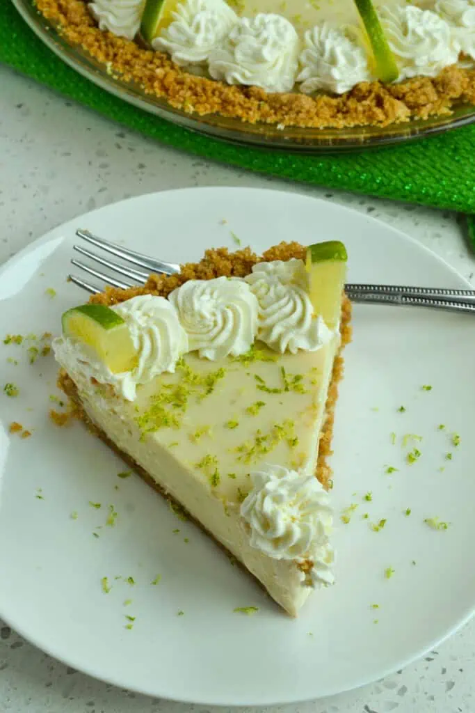 With a four ingredient crust and four ingredient filling this key lime pie comes together quickly and easily. 