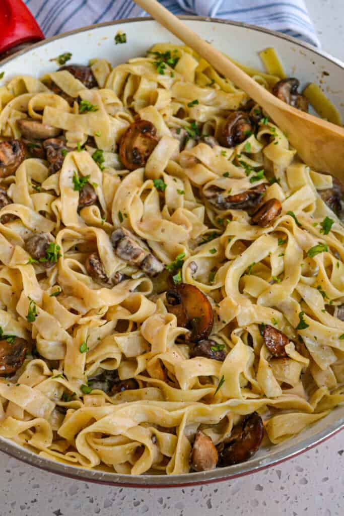 A simple Creamy Mushroom Pasta dish made with cremini and white button mushrooms, garlic, beef broth, heavy cream, and a few fresh herbs and spices. Serve as a side dish or as the main course on meatless Mondays.