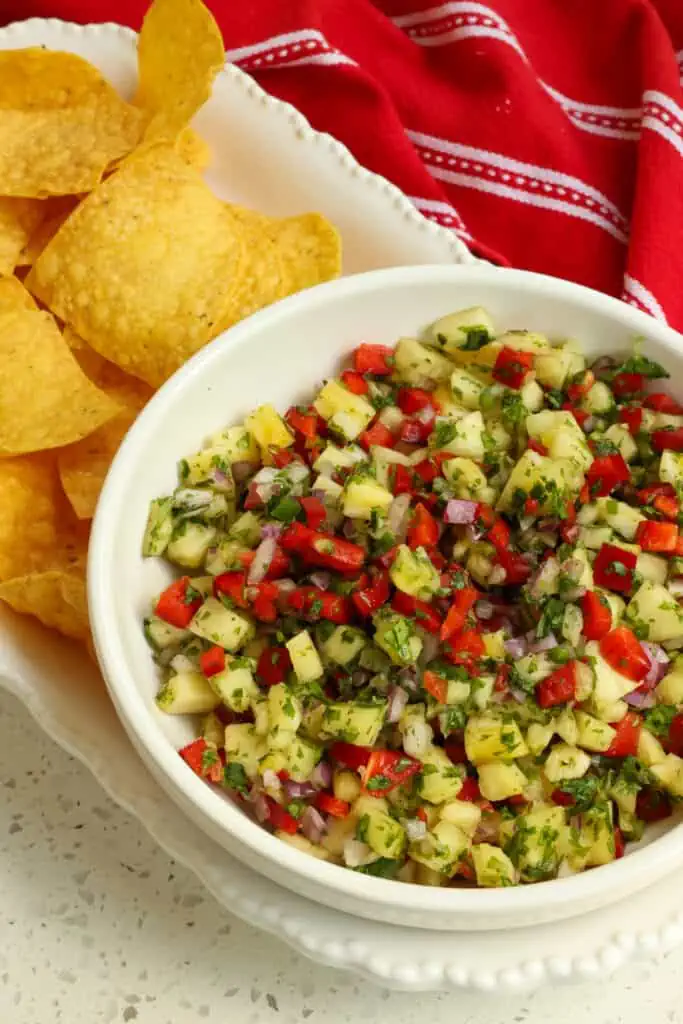 I love to serve this pineapple salsa over fresh grilled chicken or fish, tacos, or with crisp tortilla chips. 