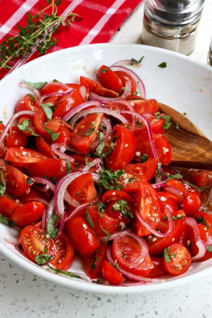 This Tomato Salad combines the best of summer's harvest with sun-ripened fresh tomatoes, sweet red onions, garlic, and fresh basil in a simple oil and red wine vinegar dressing. 
