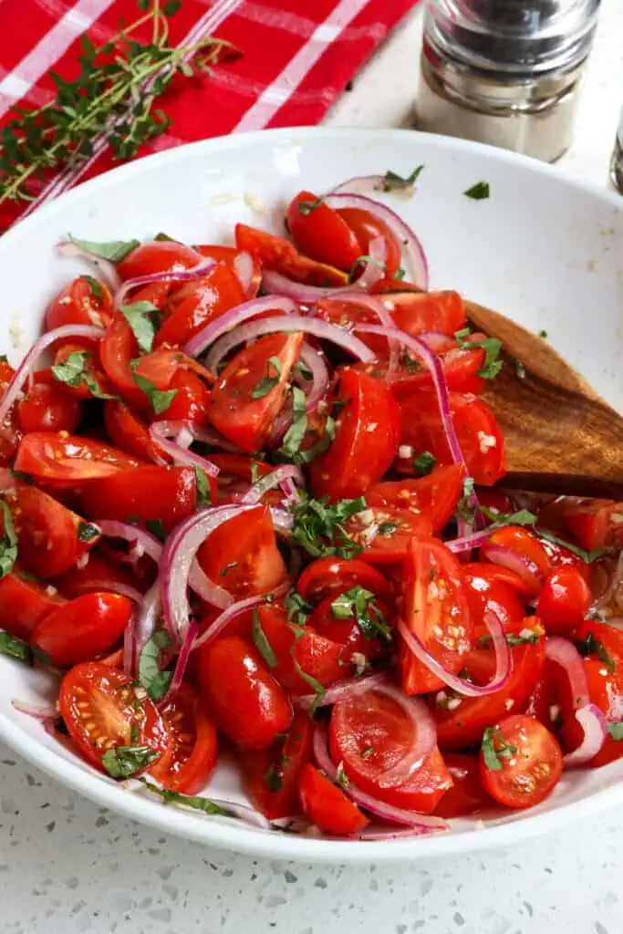 This Tomato Salad combines the best of summer's harvest with sun-ripened fresh tomatoes, sweet red onions, garlic, and fresh basil in a simple oil and red wine vinegar dressing. 