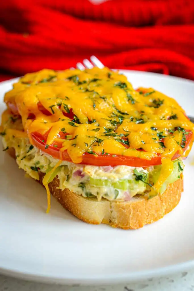 This Tuna Melt is an open-faced sandwich piled with creamy tuna salad, fresh sun-ripened tomatoes, and tasty cheddar cheese.