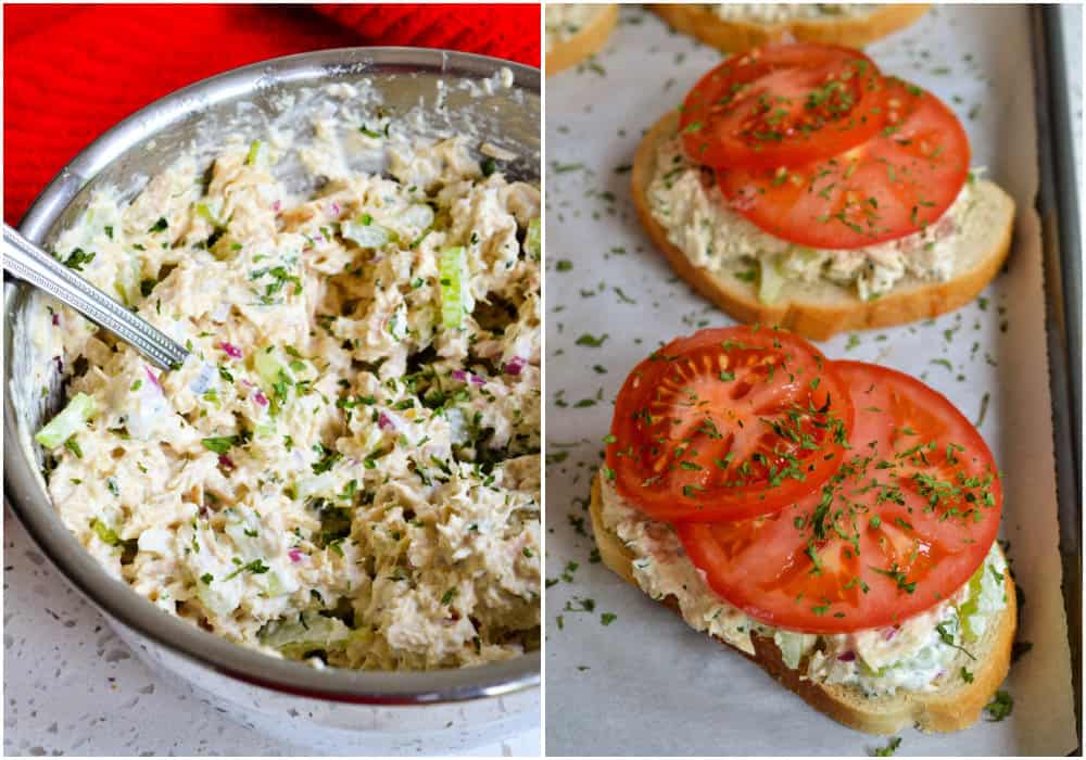 Some of the steps for making tuna melt sandwiches. Combine the flaked tuna, mayo, sour cream, Dijon mustard, celery, red onion, pickle relish, parsley, dill weed, and black pepper. Toast each slice of bread until golden brown and lightly butter it. Spoon the tuna mixture evenly onto each bread slice. Top with thinly sliced tomatoes