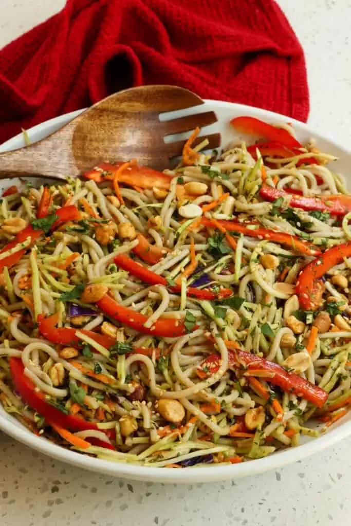 Asian Noodle Salad is flavor packed and quick, making it an ideal side dish for a weeknight, or add protein like crispy or grilled chicken or shrimp to make a complete meal. 