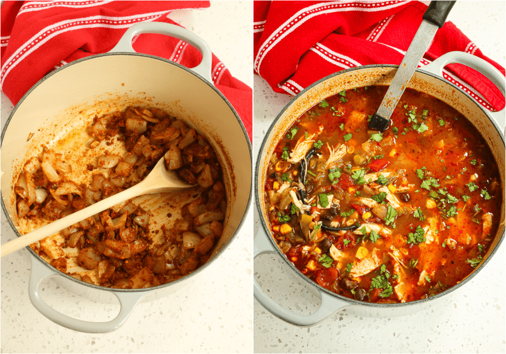 Some of the steps for making chicken taco soup. Cook the onion in a little oil over medium heat. Reduce the heat and add the garlic, cooking for a minute. 
Stir in the chicken broth, taco seasoning, corn, black beans, fire-roasted tomatoes, and green chiles, and bring it to a boil. Reduce the heat and simmer for a few minutes. Add the cooked chicken and simmer for a few minutes.