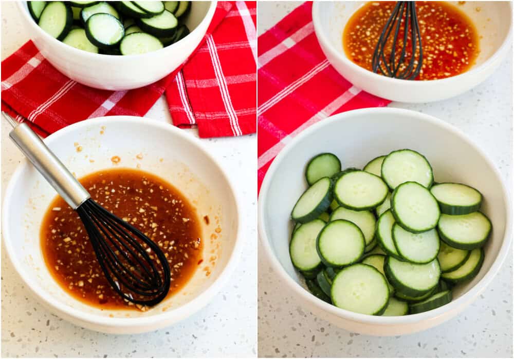 Some of the steps to making cucumber salad.
