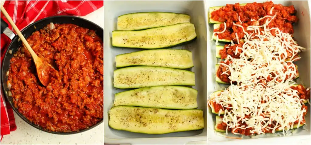 Some of the steps to making zucchini boats.  Stir in the marinara and simmer while you prepare the zucchini for stuffing. Cut the zucchini in half lengthwise and hollow out the center using a melon baller or metal spoon, leaving about a 1/4-1/2 inch of the flesh and skin on the sides and bottom. Do not peel, and do not precook. Sprinkle the zucchini with a healthy amount of freshly ground black pepper. Spoon the sausage mixture into the zucchini, and sprinkle with the mozzarella cheese and half the parsley.