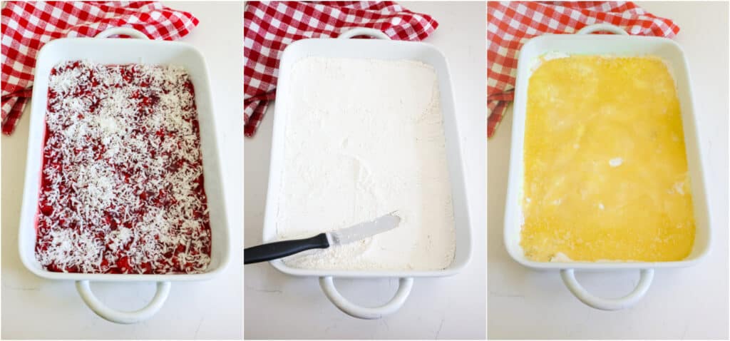 Some of the steps for making cherry dump cake. Butter the bottom and sides of your baking dish. Pour the cherries in and spread them out evenly. Next, evenly sprinkle with coconut and pecans if using. Sprinkle the dry cake mix on as evenly as you can. Finally, drizzle with butter and bake. 
