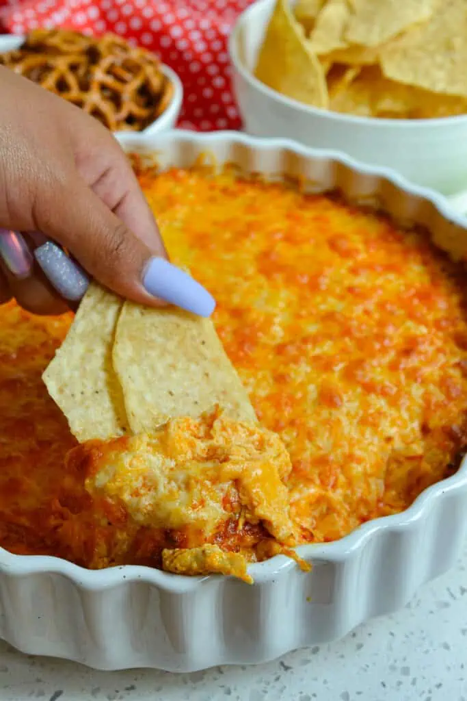 This easy Buffalo Chicken Dip dip is the ultimate hot creamy cheesy dip with all the classic flavors of hot buffalo chicken wings.