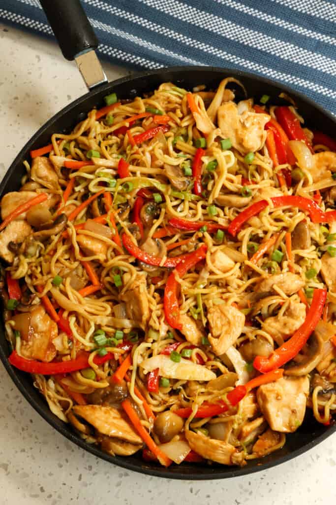 Better than takeout Chicken Lo Mein with tender bites of chicken, fresh veggies, and Chinese noodles all in a sweet and savory sauce with garlic and ginger.