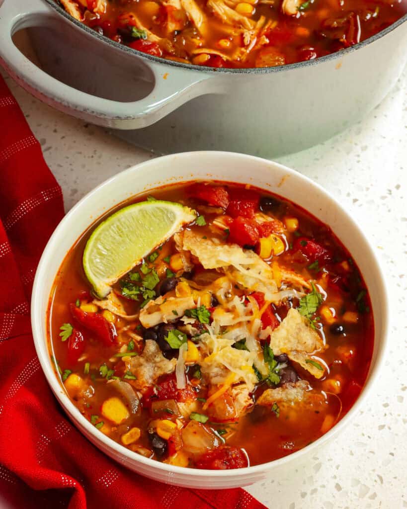 Chicken Taco Soup is bursting with fresh flavors from corn, black beans, fire-roasted diced tomatoes, green chiles, and a perfect spice blend.  