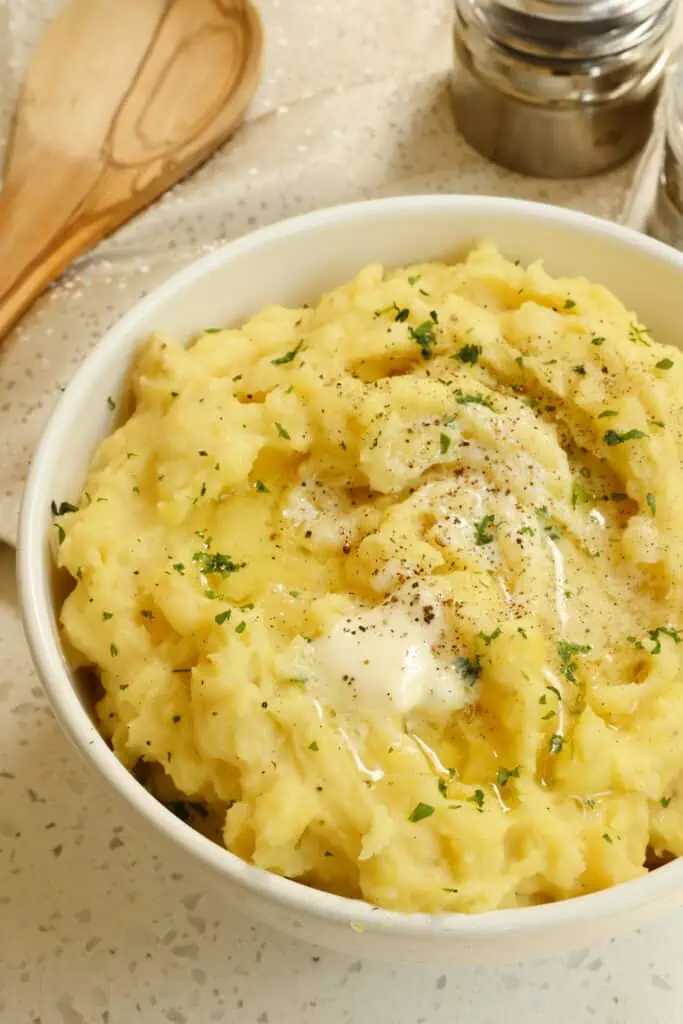 These mashed potatoes are super easy to prepare as the garlic can be roasted ahead of time and stored in the fridge.  