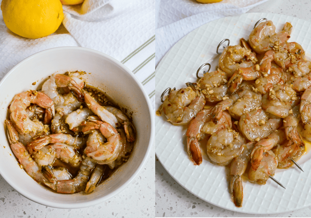 Marinate the shrimp in the fridge and thread onto skewers.