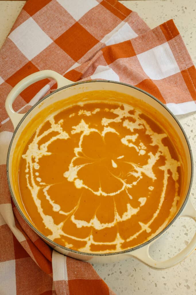 Season with kosher salt and freshly ground black pepper to taste. Remove the soup from the heat and stir in the cream.
