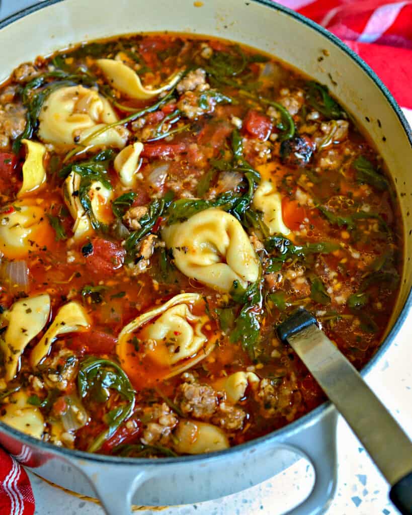 This hearty Cheese Tortellini Soup combines Italian sausage with cheese tortellini in an easy broth with tomatoes, onions, garlic, arugula, and Italian herbs and seasonings.