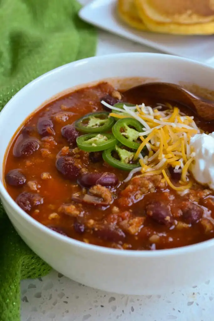 This thick, robust, hearty and flavorful Turkey Chili brings ground turkey, kidney beans, onions and garlic together. 