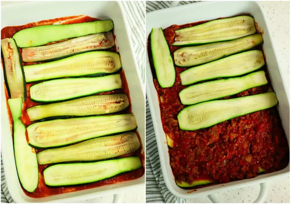 Spread the 1/2 cup of reserved sauce in a 9x13-inch greased casserole. Top with the baked zucchini slices. Top the zucchini slices with half of the meat sauce mixture. Then top with another layer of baked zucchini slices.