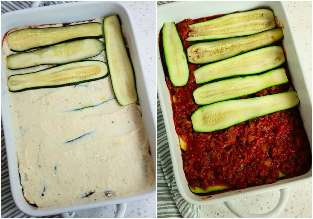  Spread the ricotta mixture over the zucchini using an offset spatula. Top with another layer of zucchini slices.