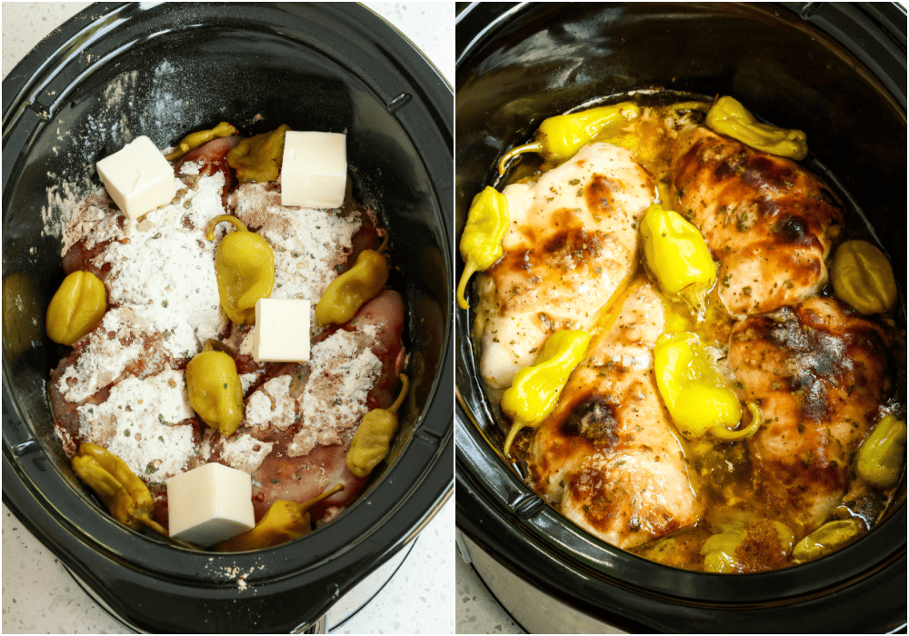 Some of the steps to making mississippi chicken. First, add the chopped onions to the crock pot, then place the chicken breasts or chicken thighs on top of the onions. Then sprinkle the au jus and ranch seasoning over the chicken. Add the butter and the pepperoncini peppers and pour in about 1/2 cup of the pepper juice. Cover with the lid and cook on high. 