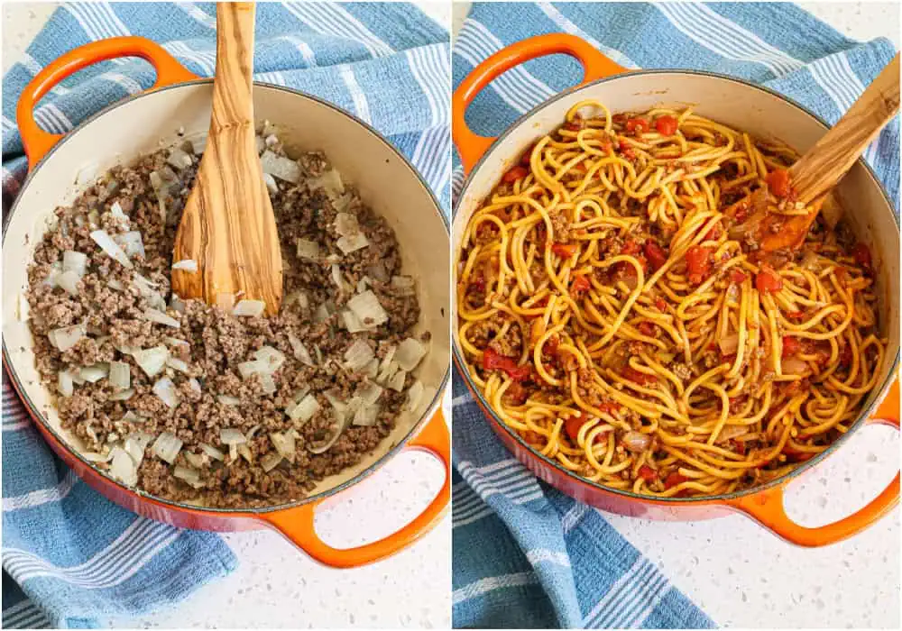 Some of steps to making taco spaghetti. Start by browning the ground beef in a Dutch oven or large pot over medium-high heat. When the beef is about halfway browned, add the onions and continue cooking until the beef is browned and the onions are soft. Reduce the heat to low and add the garlic. Stir and cook for 1 minute. Increase the heat to medium and add the Rotel tomatoes, taco seasoning, beef broth, tomato paste, and Worcestershire sauce. Bring the mixture to a boil and add the spaghetti. Reduce the heat to a simmer and cook until the spaghetti is tender, scraping the bottom of the pan several times and stirring several times.