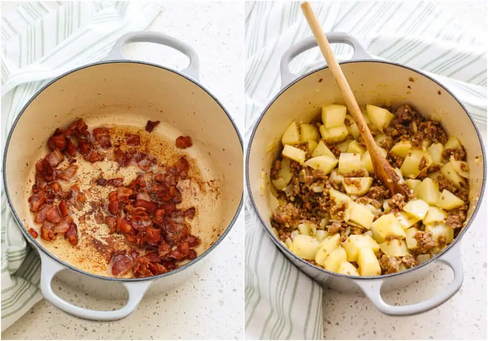 Some of the steps to making Zuppa Toscana. First, in a large pot or Dutch oven, over medium heat, brown the chopped bacon. Then remove the bacon to a paper towel-lined plate using a slotted spoon. Add the Italian sausage and break it up with a spoon. Cook until it is about one-third of the way browned. Then add the onion and continue cooking and stirring until the sausage is browned and the onion is soft. Add the garlic and potatoes to the cooked sausage mixture. 