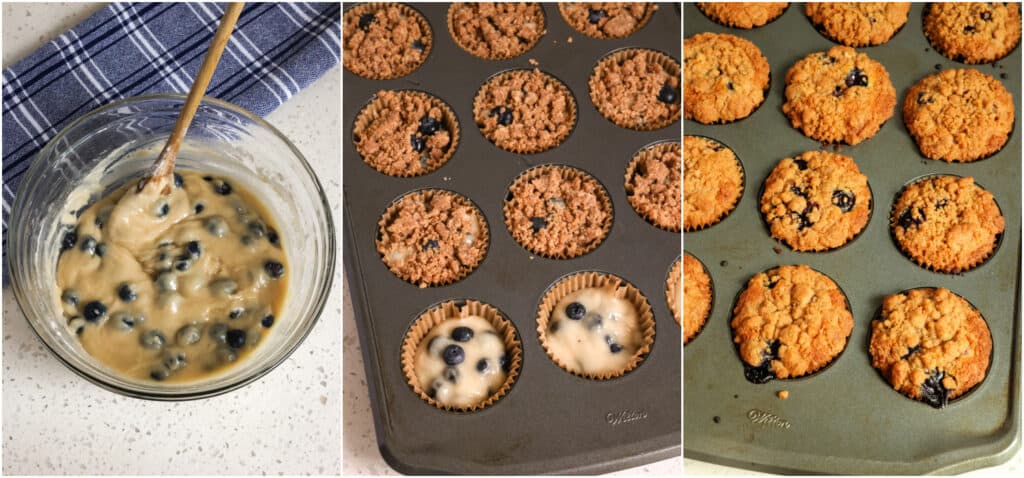 Mix the flour mixture into the wet ingredients. Divide the batter into the muffin tins and top with crumb topping. Bake the muffins. 